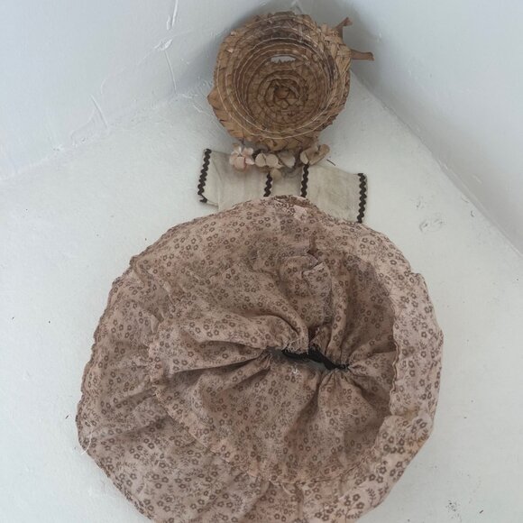 Vintage Doll Outfit Skirt & Jacket Vest & Farmer Hat w/ Flowers Beige & Brown - Picture 10 of 11